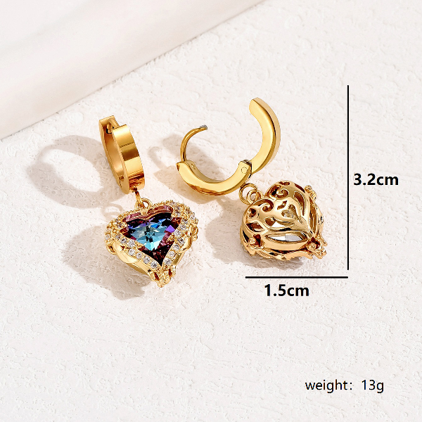 1 pair retro shiny heart shape plating three-dimensional inlay stainless steel zircon 18k gold plated drop earrings