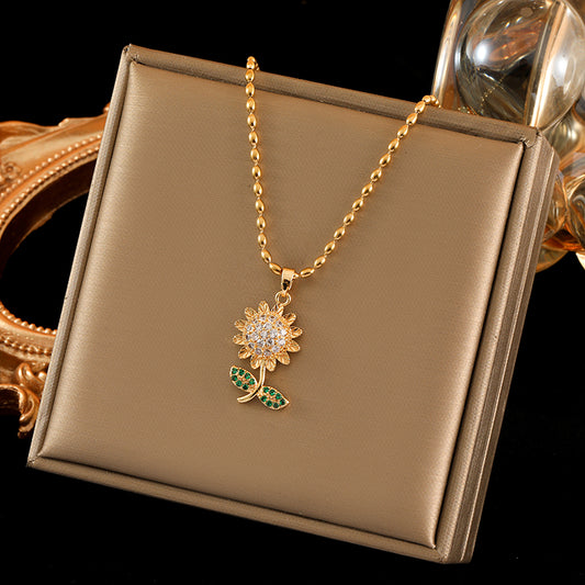 sweet simple style sunflower stainless steel copper plating inlay zircon 18k gold plated pendant necklace