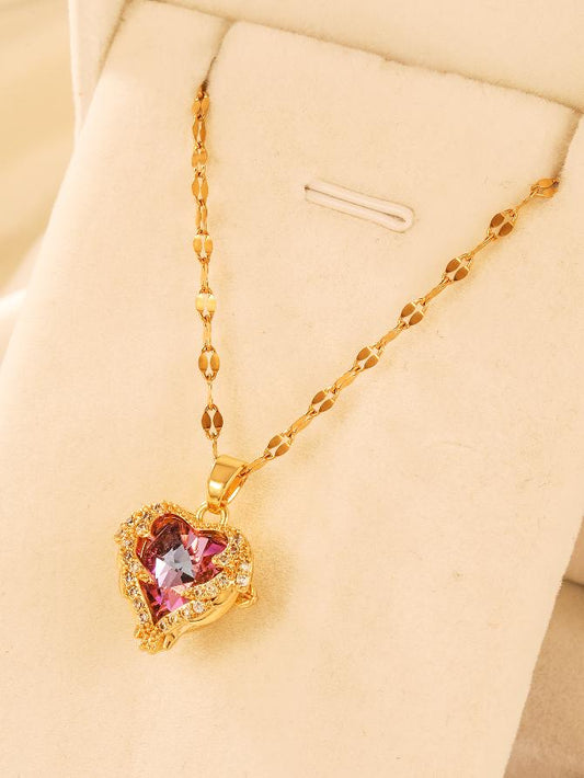 elegant shiny heart shape stainless steel plating inlay zircon 14k gold plated pendant necklace