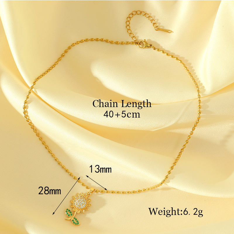 sweet simple style sunflower stainless steel copper plating inlay zircon 18k gold plated pendant necklace