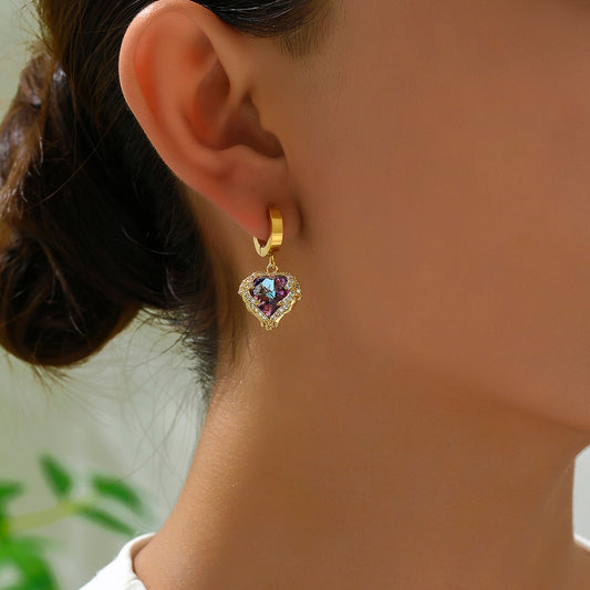 1 pair retro shiny heart shape plating three-dimensional inlay stainless steel zircon 18k gold plated drop earrings