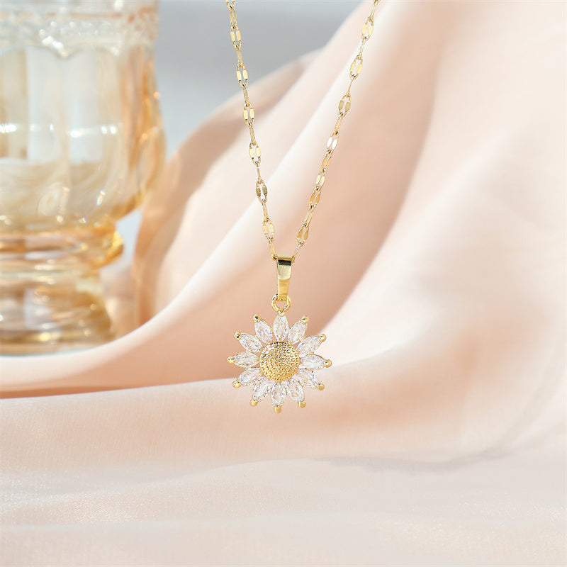 simple style flower stainless steel titanium steel plating inlay zircon 18k gold plated pendant necklace