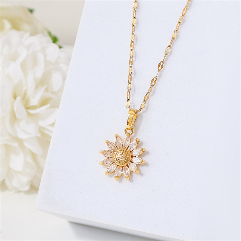 simple style flower stainless steel titanium steel plating inlay zircon 18k gold plated pendant necklace